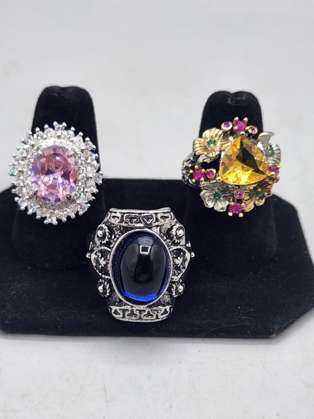 Lot of 3 Costume Jewelry Rings Rhinestones Fashion Bling Statement Adjustable